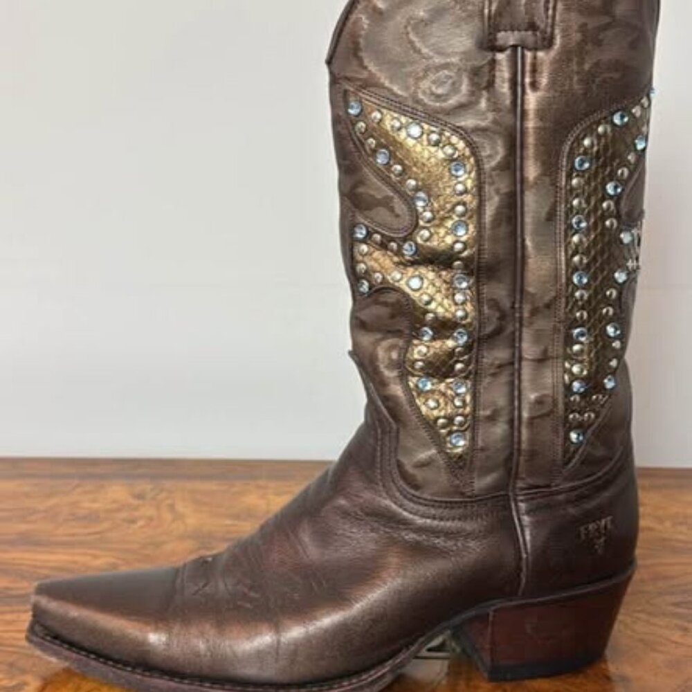FRYE Daisy Duke Leather Cowboy Boots Bronze - Mid Calf Sz 8 M, EC